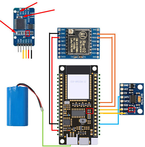 ESP32 board connected to a battery, real-time clock and motion sensor